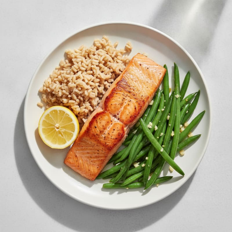 Seared Salmon with Garlic Green Beans and Brown Rice