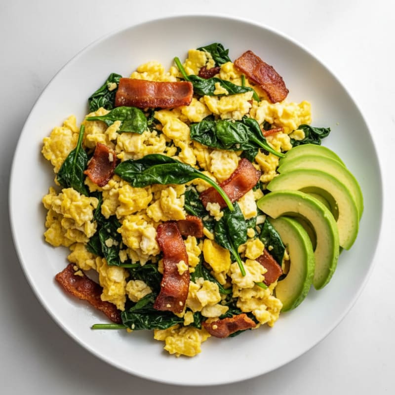 Crispy Turkey Bacon Egg Scramble with Sautéed Spinach