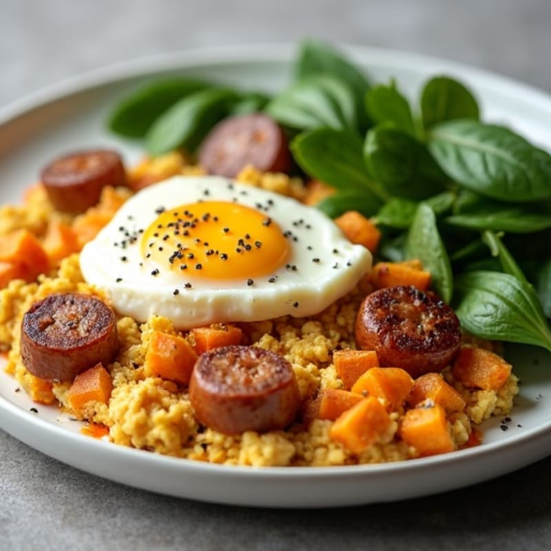 Cottage Cheese Scramble with Chicken Sausage and Roasted Sweet Potatoes