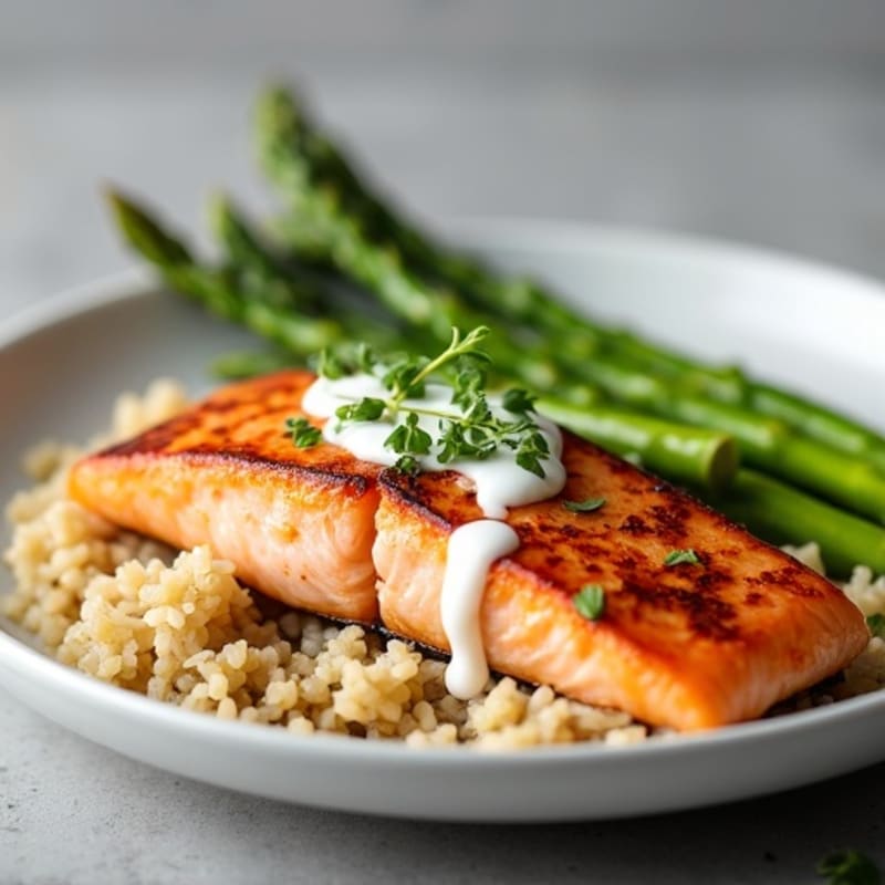 Seared Salmon with Steamed Asparagus and Brown Rice