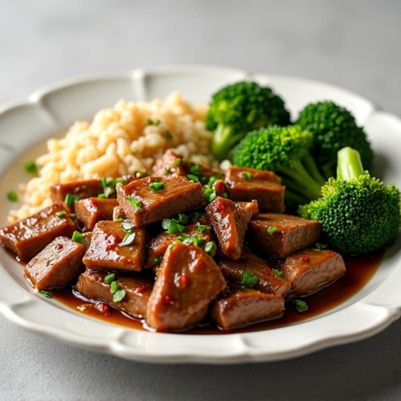 Tender Garlic-Ginger Beef and Crispy Broccoli with Brown Rice