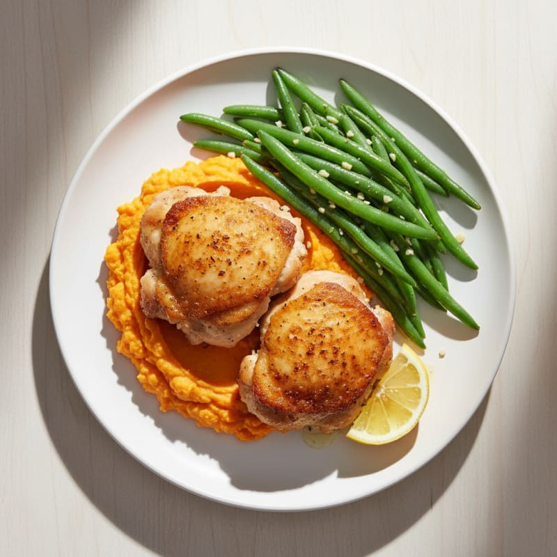 Seared Chicken Thighs with Garlic Green Beans and Mashed Sweet Potato