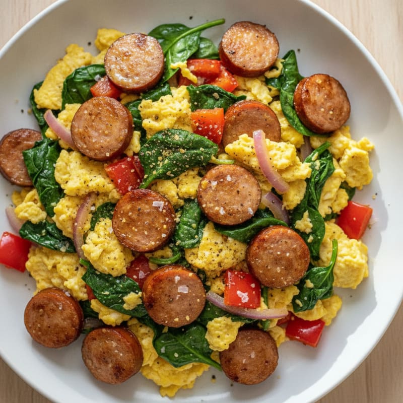 Smoked Turkey Sausage and Spinach Scramble
