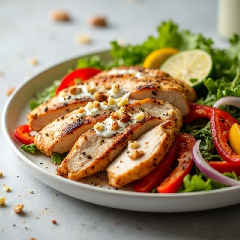 Warm-Spiced Roasted Chicken with Creamy Garlic Dressing and Crunchy Veggies