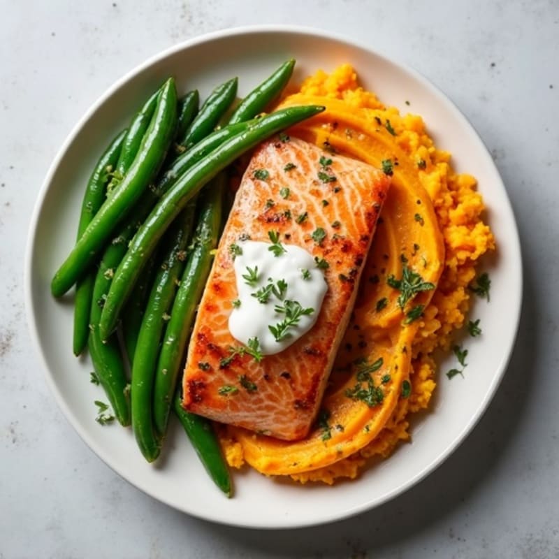 Seared Salmon with Garlic Green Beans and Sweet Potato Mash