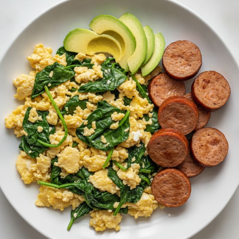 Egg White Scramble with Turkey Sausage and Sautéed Spinach