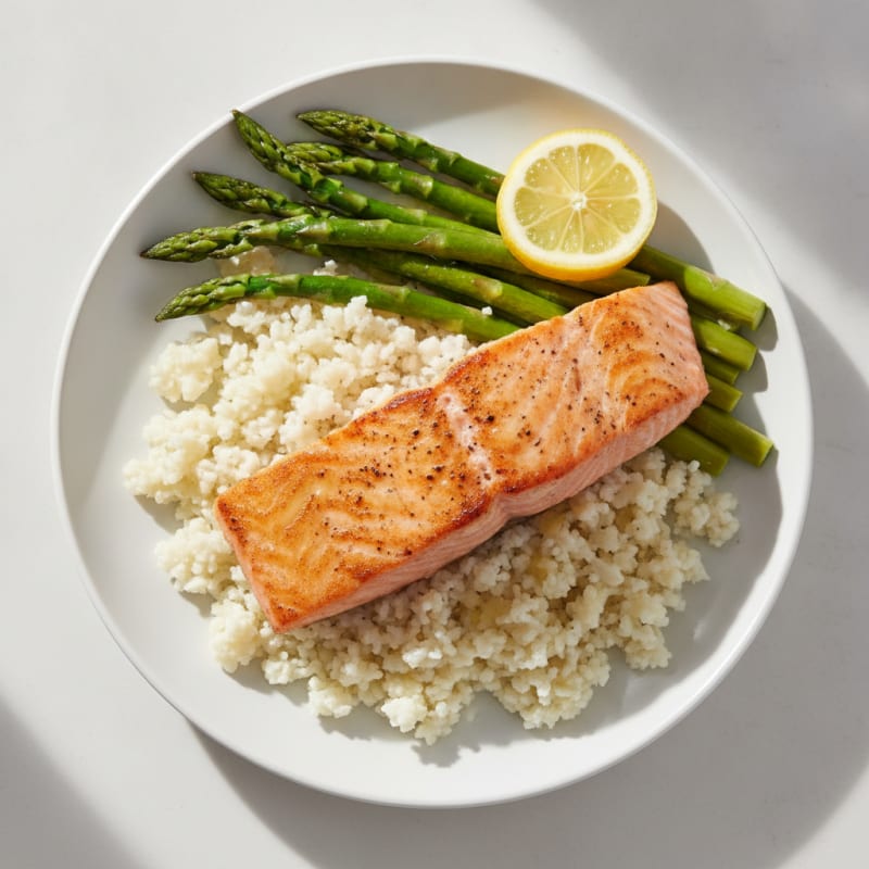 Seared Salmon with Steamed Asparagus and Cauliflower Rice