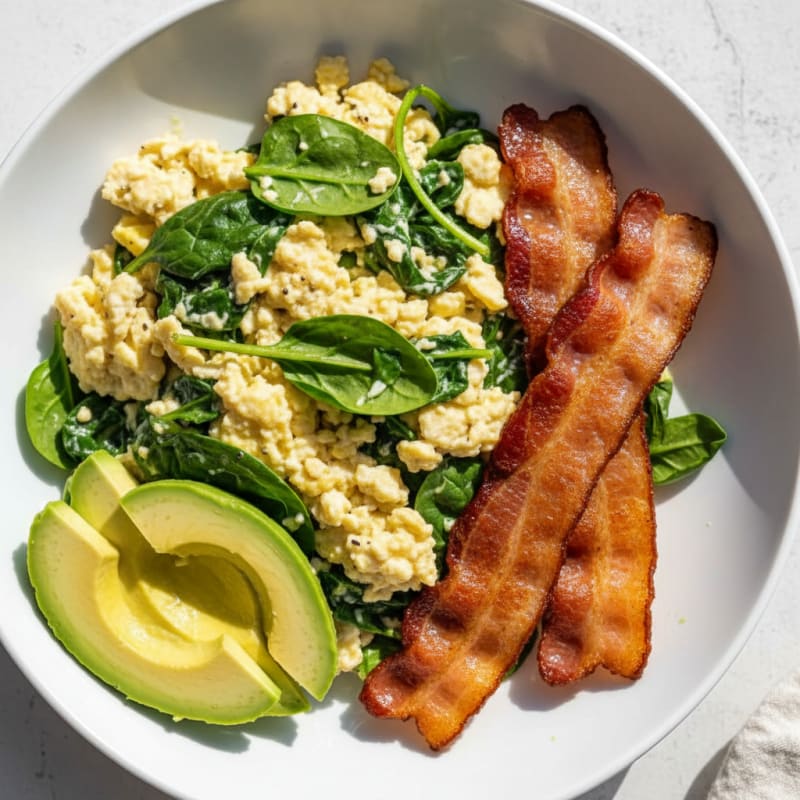 Cottage Cheese Scramble with Spinach and Turkey Bacon