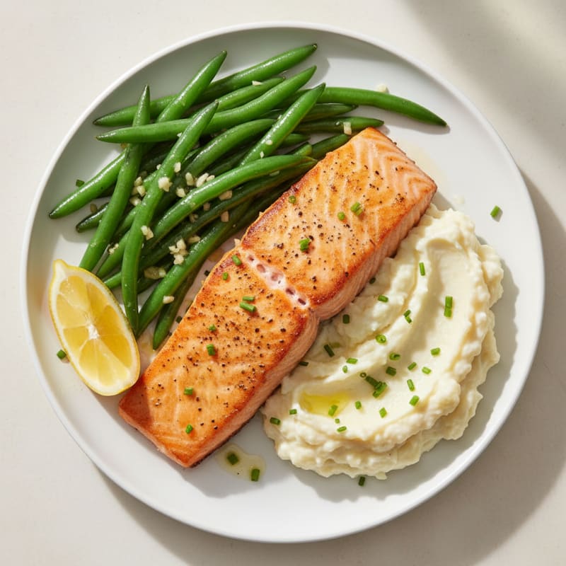 Seared Salmon with Garlic Green Beans and Mashed Cauliflower
