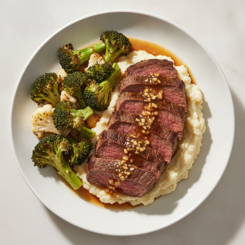 Seared Lean Beef with Roasted Broccoli and Cauliflower Mash