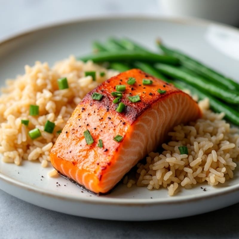 Seared Salmon Fillet with Steamed Green Beans and Brown Rice