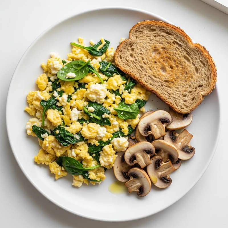 Cottage Cheese and Spinach Egg Scramble with Sautéed Mushrooms