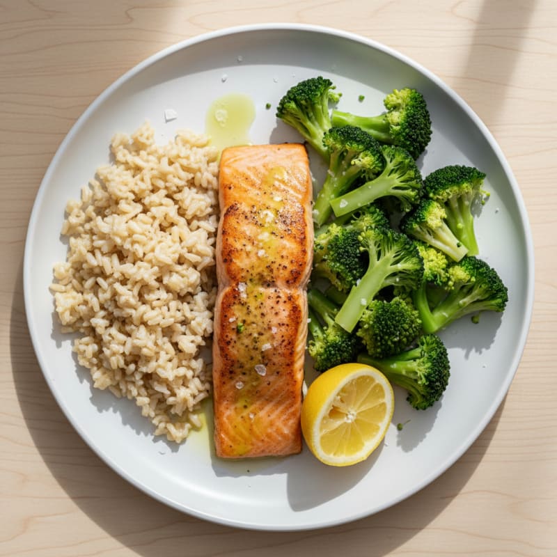 Seared Salmon with Steamed Broccoli and Brown Rice