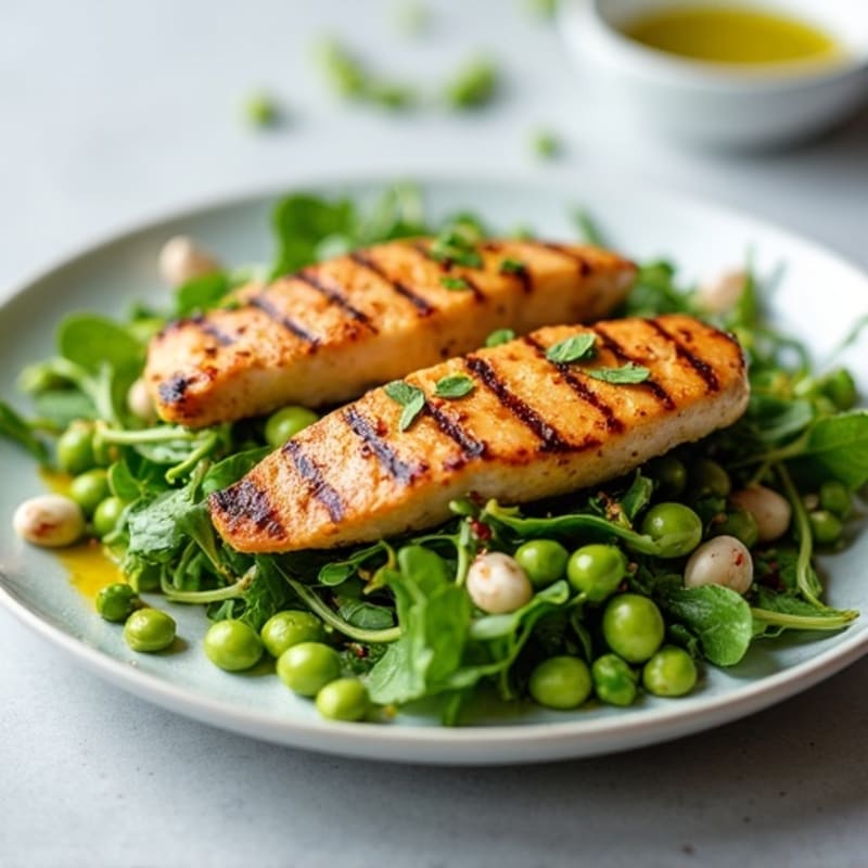 Grilled Chicken Breast over Crunchy Mixed Greens with Edamame