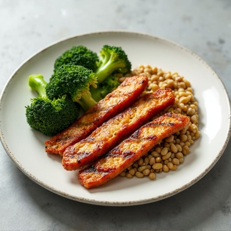 Grilled Seitan Strips with Steamed Broccoli and Lentil Mash