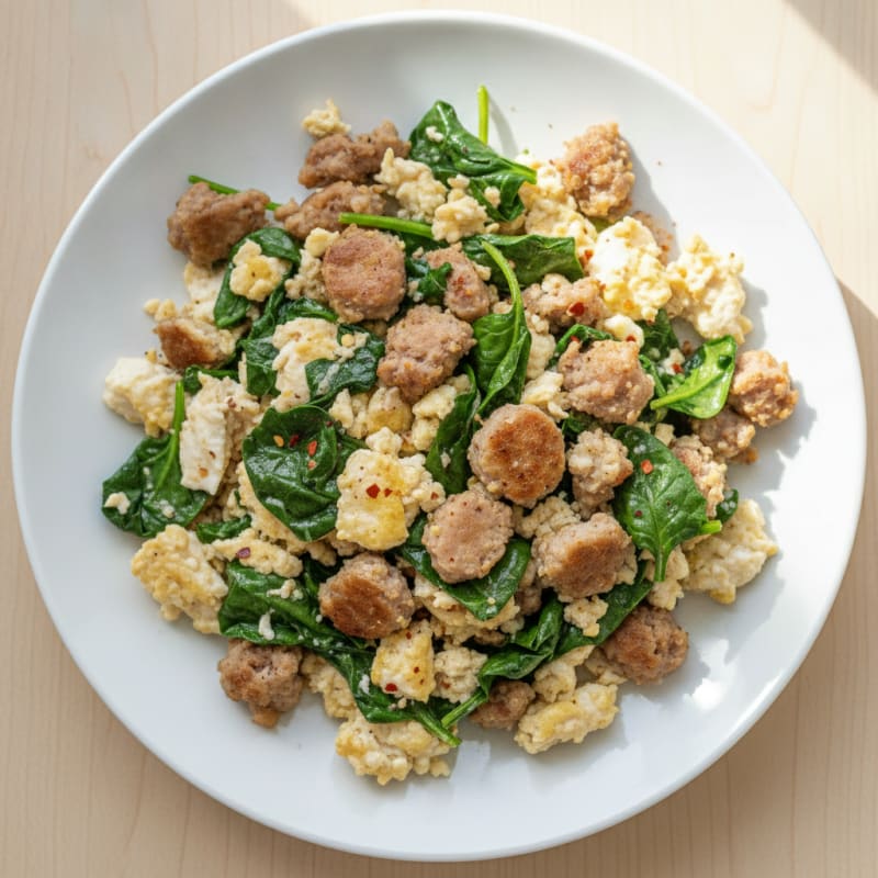 Scrambled Egg Whites with Turkey Sausage and Sautéed Spinach