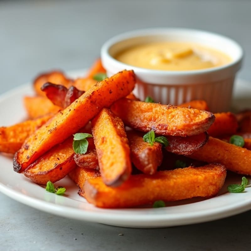 Crispy Roasted Sweet Potato Fries with Lean Bacon and Creamy Cheese Sauce