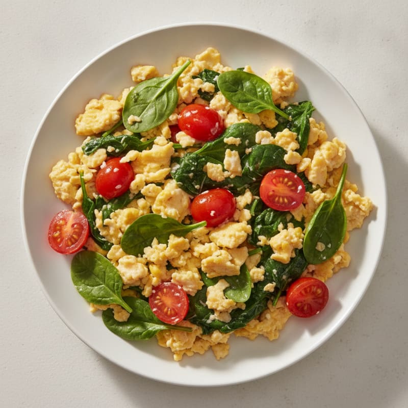 Scrambled Eggs with Spinach and Cherry Tomatoes