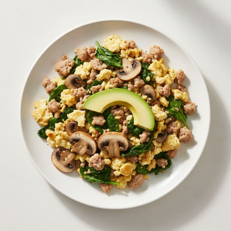 Egg White and Turkey Sausage Scramble with Spinach and Sautéed Mushrooms