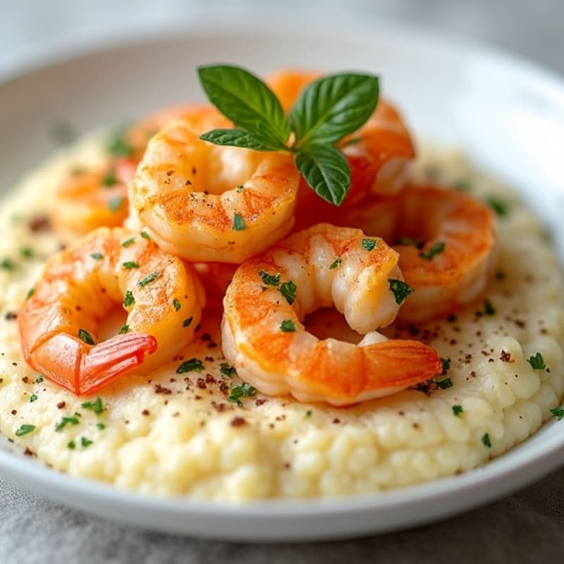 Creamy Cauliflower Grits with Spicy Garlic Shrimp