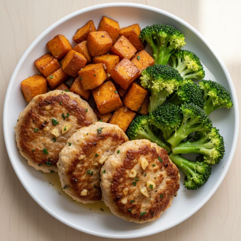 Seared Turkey Patties with Roasted Sweet Potato and Steamed Broccoli
