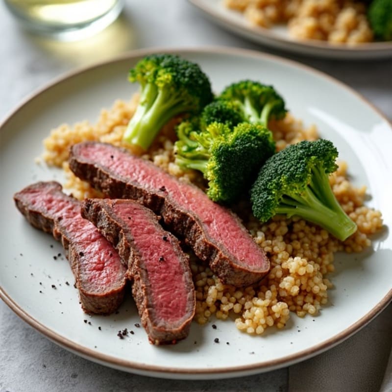 Seared Beef Strips with Roasted Broccoli and Quinoa
