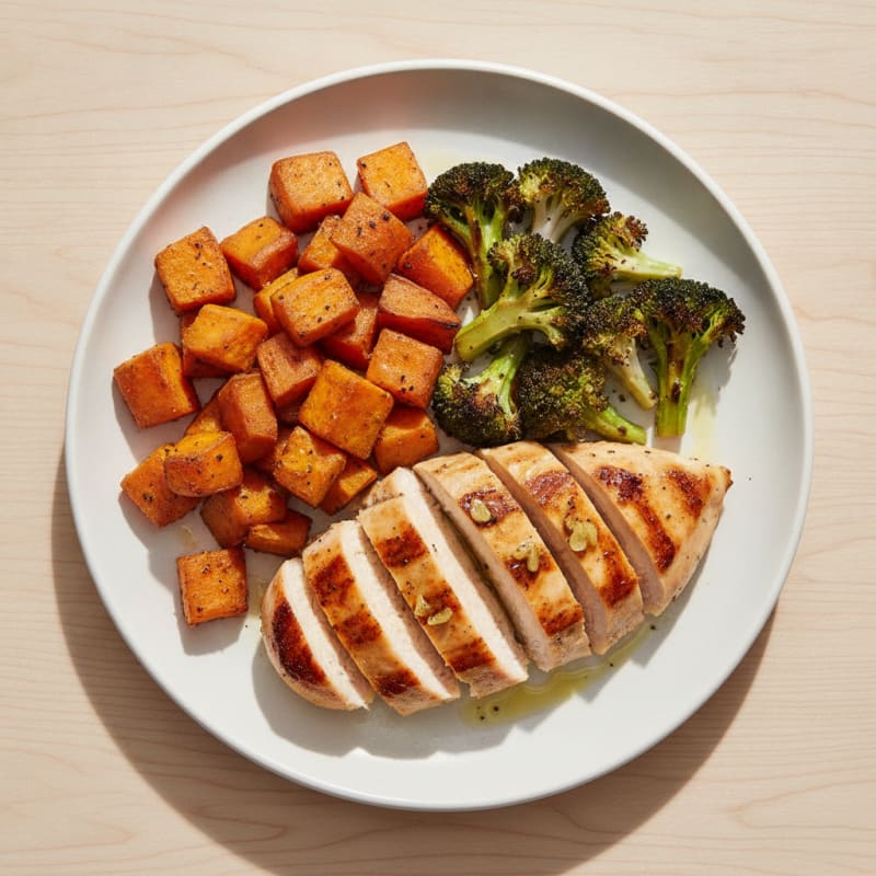 Grilled Chicken Breast with Roasted Sweet Potatoes and Broccoli