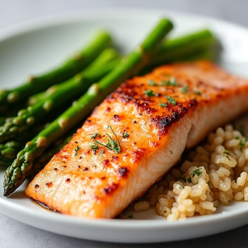 Seared Salmon Fillet with Steamed Asparagus and Brown Rice