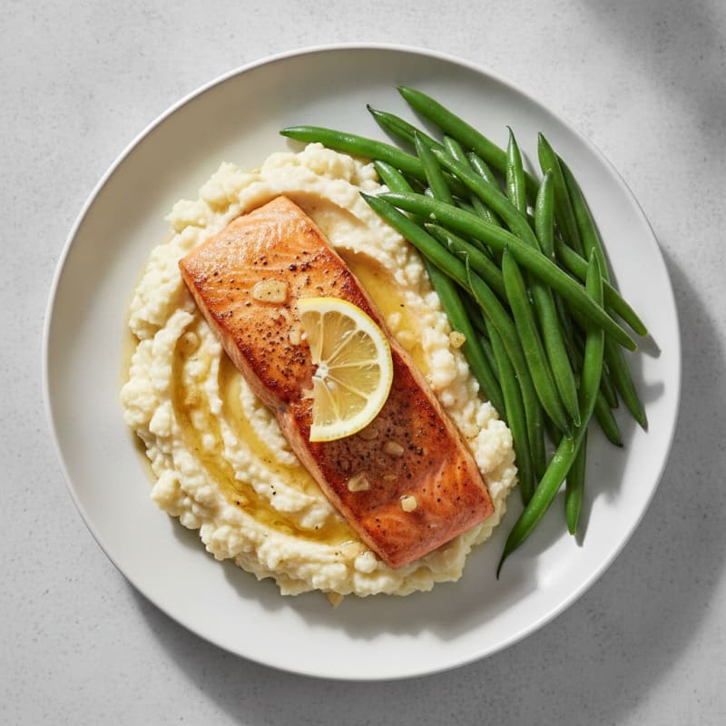 Seared Salmon Fillet with Steamed Green Beans and Garlic Mashed Cauliflower