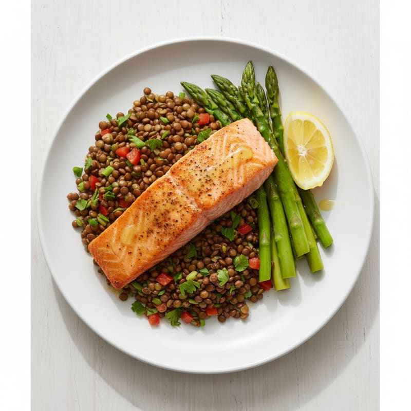 Seared Salmon Fillet with Steamed Asparagus and Lentil Salad