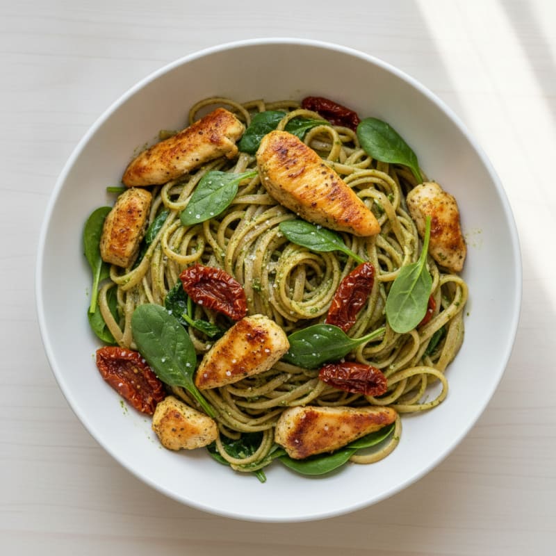 Pesto Chicken Linguine with Sun-Dried Tomatoes