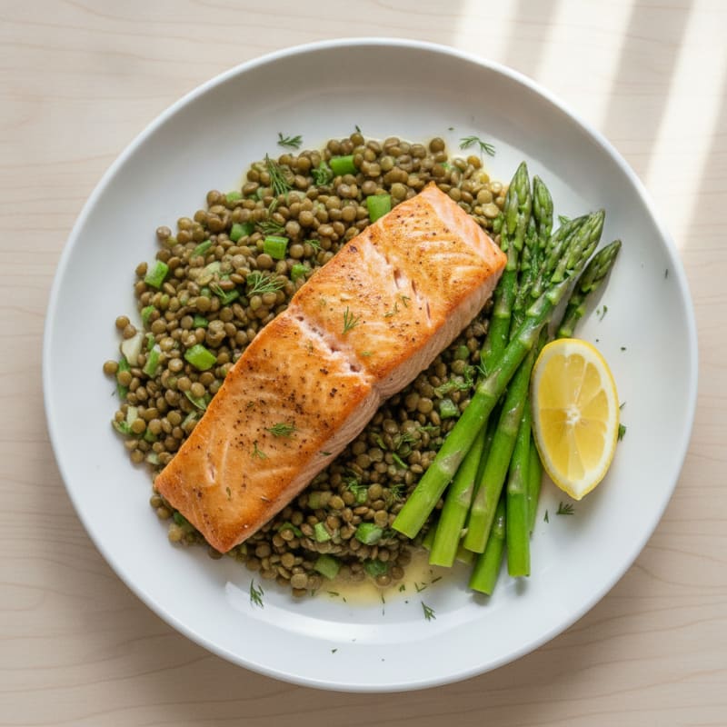 Seared Salmon Fillet with Steamed Asparagus and Lentil Salad