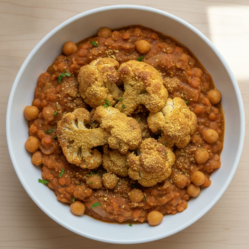 Lentil and Chickpea Stew with Roasted Cauliflower