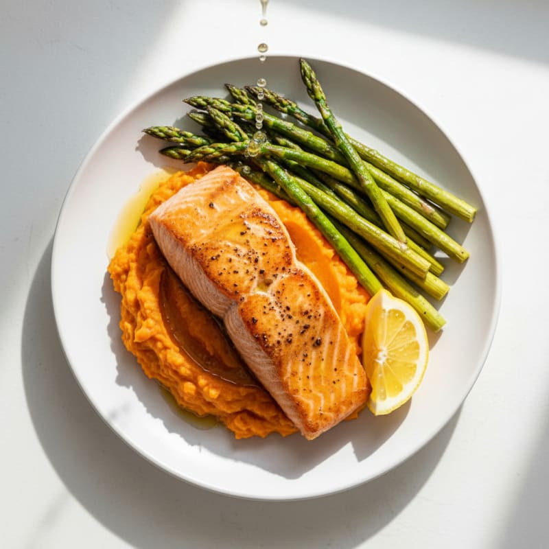 Seared Salmon with Roasted Asparagus and Sweet Potato Mash