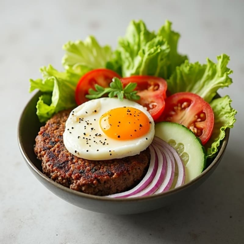 Lean Ground Beef Burger Bowl with Crispy Lettuce and Tangy Dressing