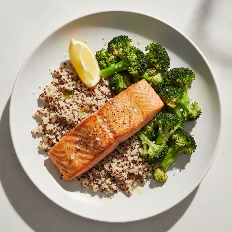 Seared Salmon Fillet with Steamed Broccoli and Quinoa