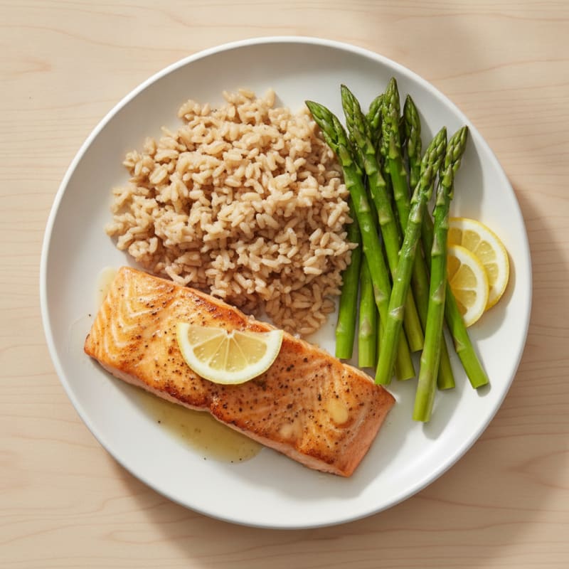 Seared Salmon with Steamed Asparagus and Brown Rice