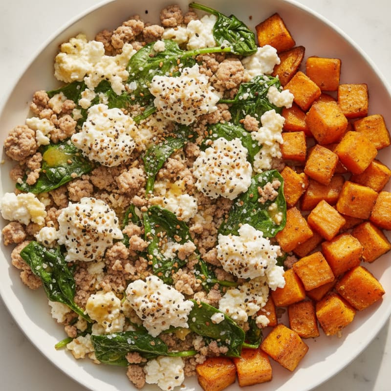Egg White and Turkey Spinach Scramble with Cottage Cheese