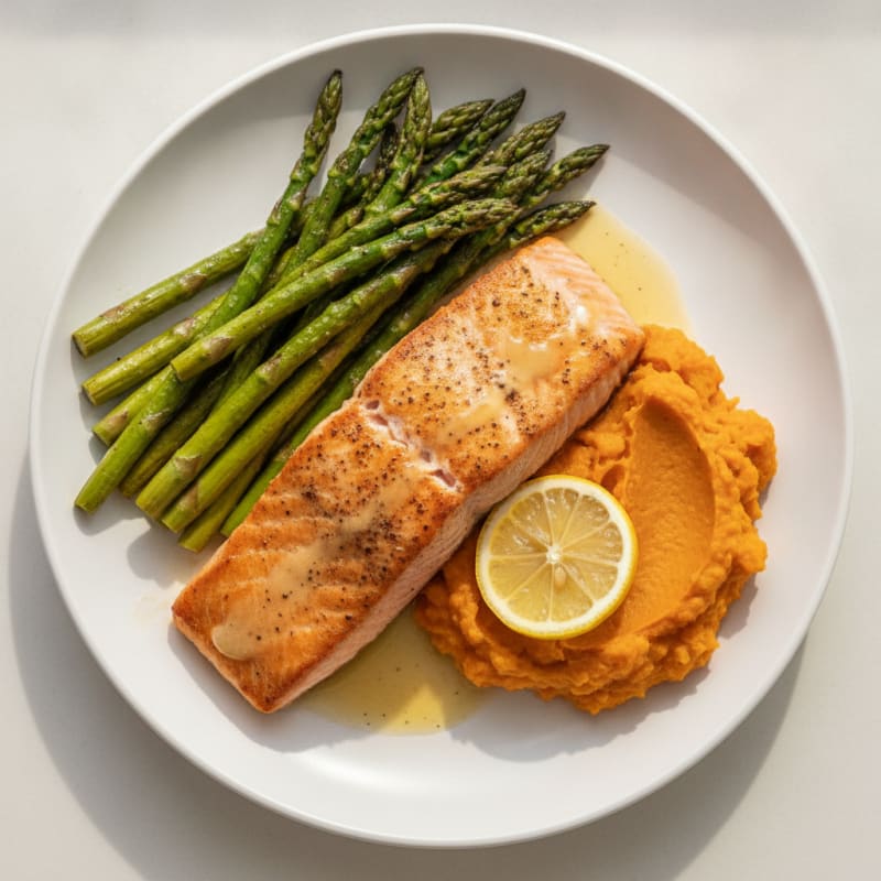 Seared Salmon with Roasted Asparagus and Sweet Potato Mash