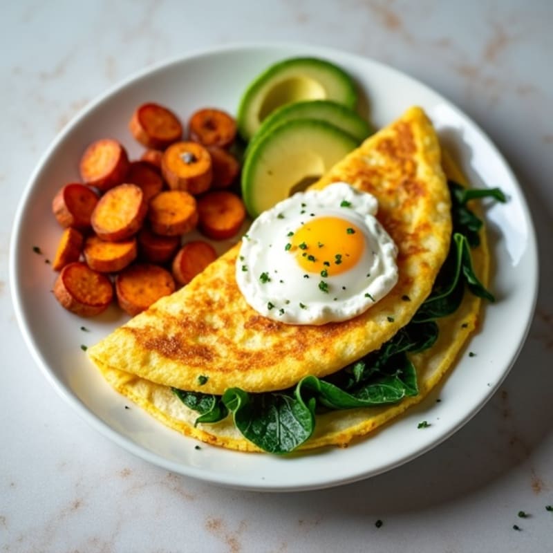 Egg White Spinach Omelette with Cottage Cheese and Roasted Sweet Potatoes