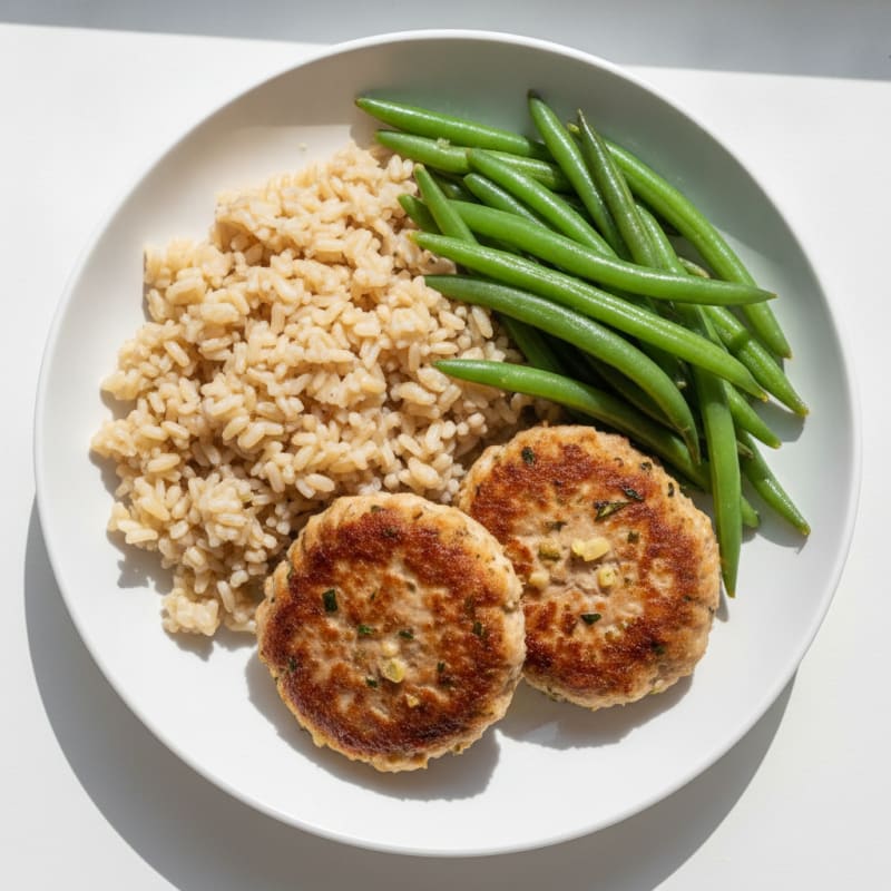 Seared Turkey Patties with Steamed Green Beans and Brown Rice