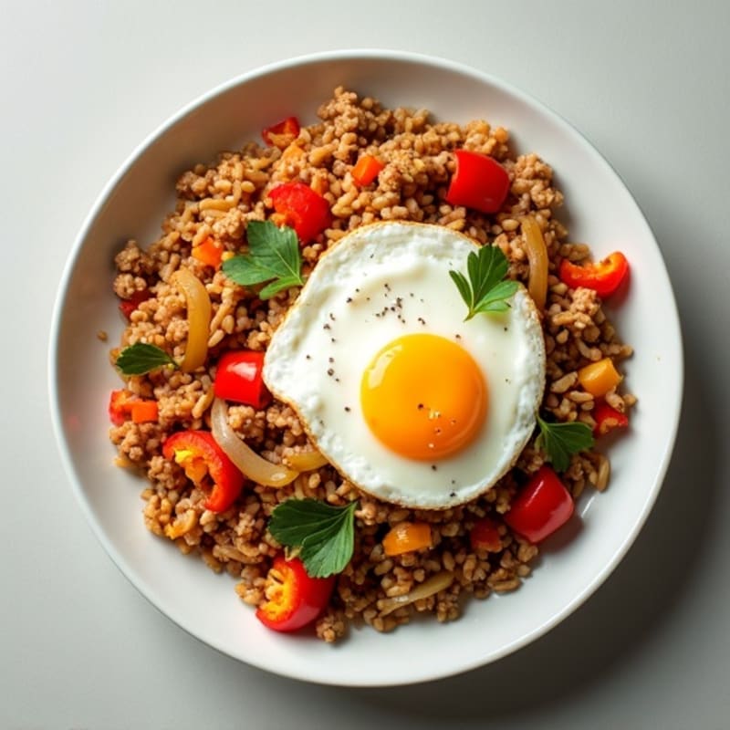 Healthy Ground Pork and Rice Skillet with Sautéed Bell Peppers and Onions