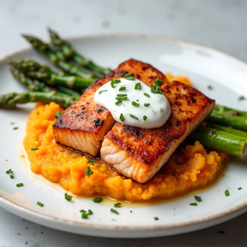 Seared Salmon with Roasted Asparagus and Sweet Potato Mash