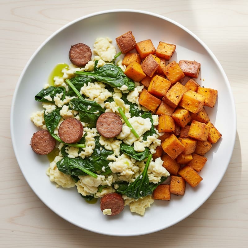 Egg White Spinach Scramble with Turkey Sausage and Roasted Sweet Potatoes