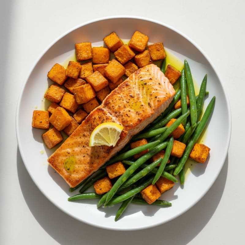 Seared Salmon with Roasted Sweet Potatoes and Green Beans