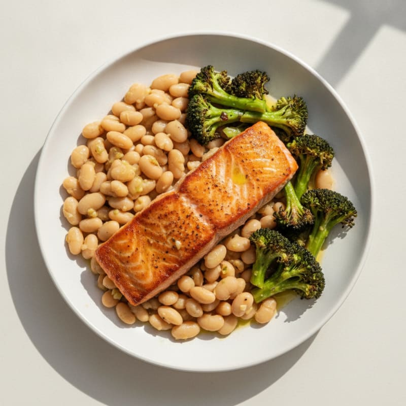 Seared Salmon with Roasted Broccoli and Garlic White Beans