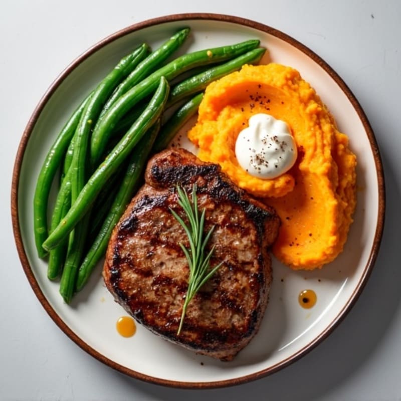 Seared Steak with Garlic Green Beans and Sweet Potato Mash