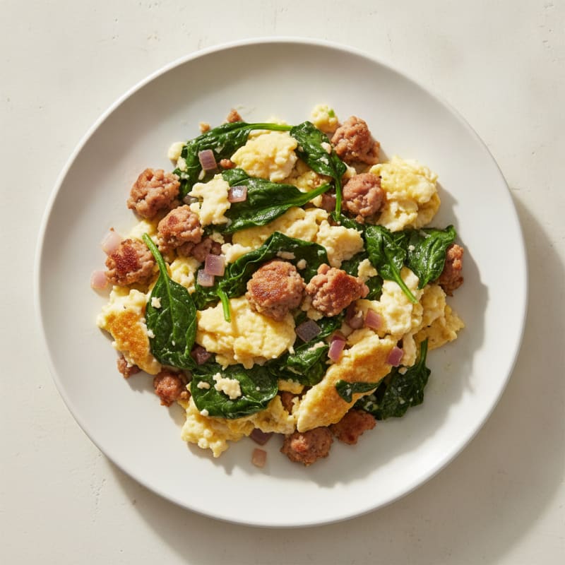Egg White Scramble with Turkey Sausage and Sautéed Spinach