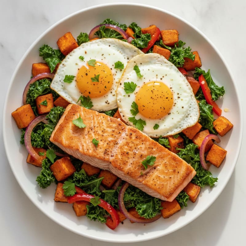 Salmon and Sweet Potato Hash with Eggs