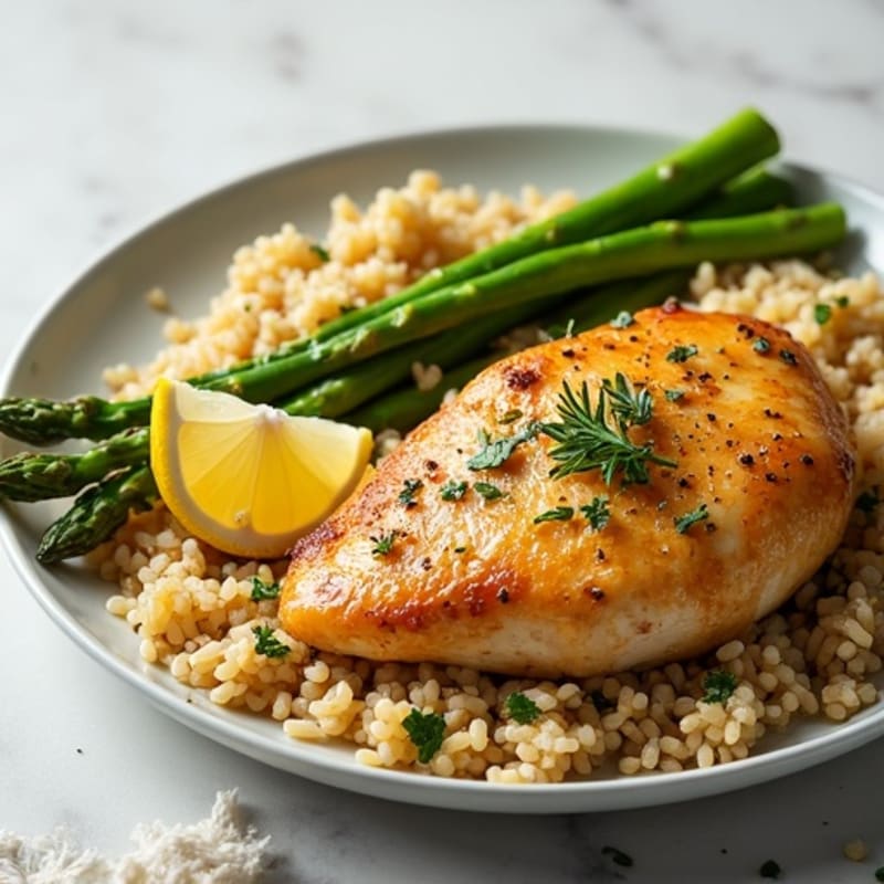 Fluffy Brown Rice Pilaf with Lemon-Herb Chicken and Roasted Asparagus